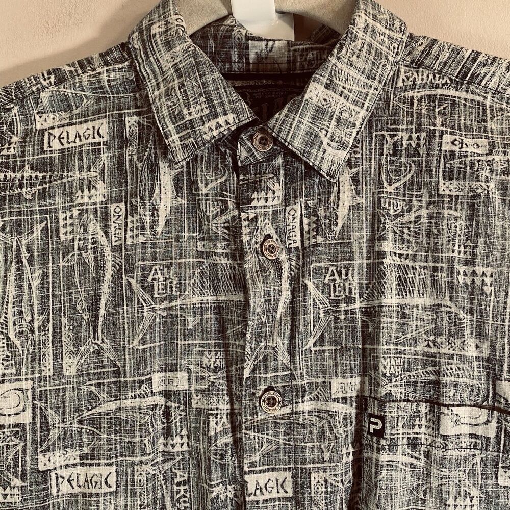 Pelagic Shirt Mens Large  Gray Short Sleeve Button-Up Graphic Fish Print Cotton